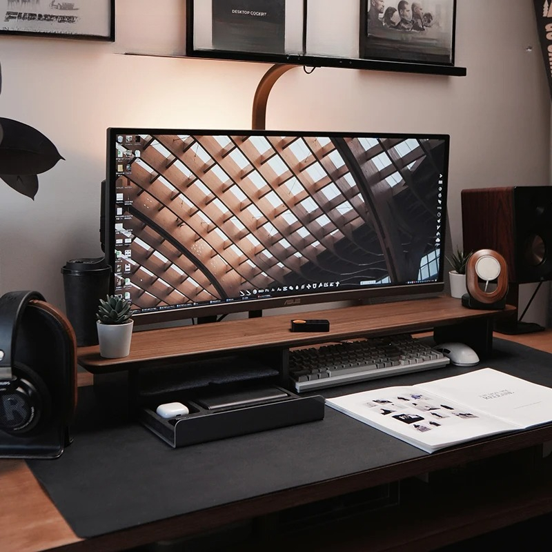 Desk Setup Workspace - ขาตั้งจอพรีเมียมพร้อมลิ้นชัก ชั้นวางยกสูงสำหรับโต๊ะคอมพิวเตอร์ ถาดจัดระเบียบสำนักงาน ชั้นวางเก็บของสำหรับการเล่นเกมและพื้นที่ทำงาน