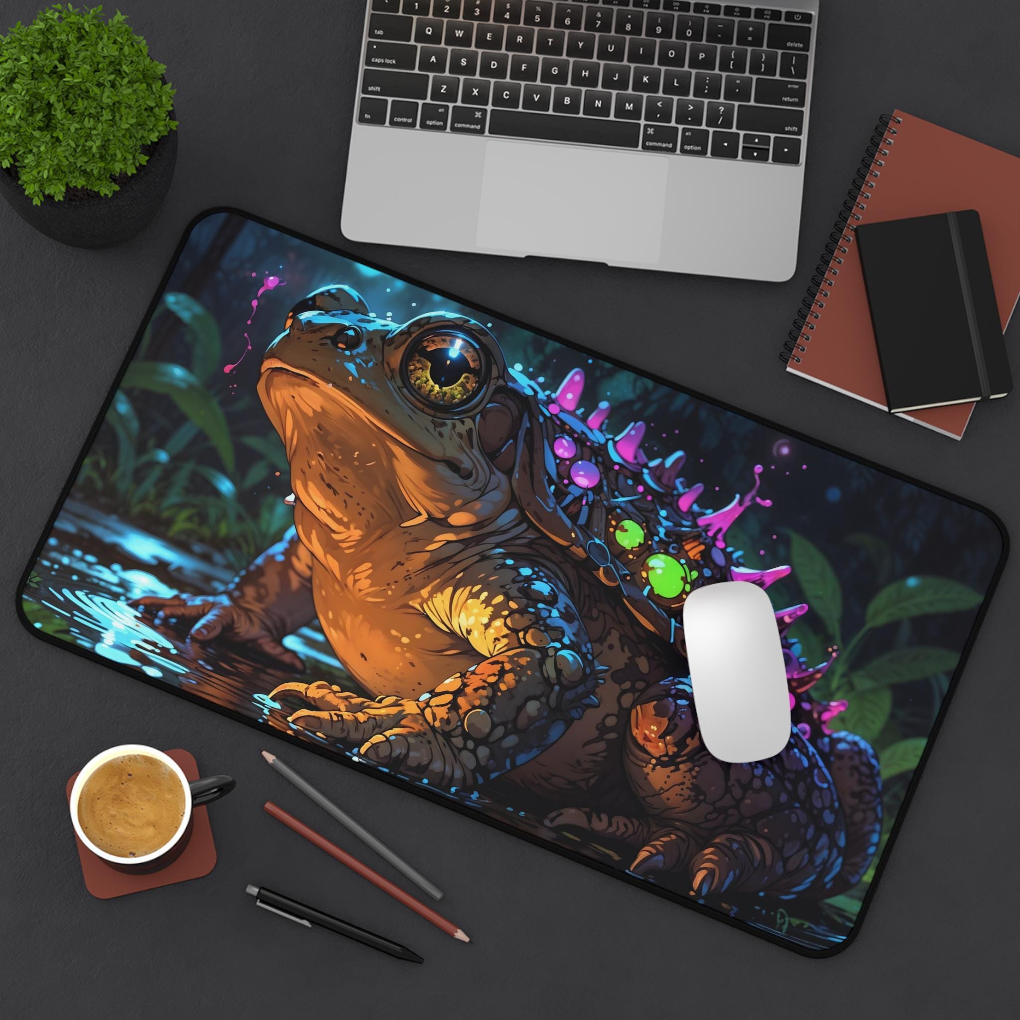 Desk Setup Workspace - แผ่นรองโต๊ะกบสวรรค์น่ารัก - แผ่นรองเมาส์กันลื่นพร้อมสีสันสดใสและขอบเย็บสําหรับพื้นที่ทํางานและการตั้งค่าการเล่นเกม