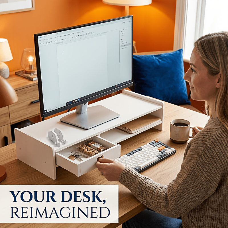 Desk Setup White - ขาตั้งจอคอมพิวเตอร์ PVC สีขาวแบบมินิมอล พร้อมลิ้นชักเก็บของ ฐานรองยกจอเพื่อการใช้งานที่สะดวกสบาย เหมาะสำหรับคอมพิวเตอร์