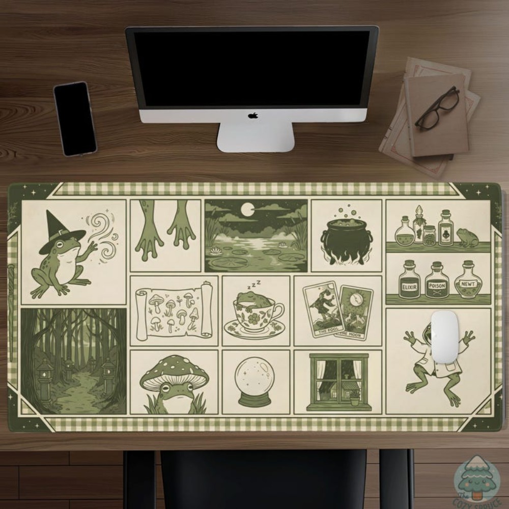 Desk Setup Aesthetic - แผ่นรองเมาส์ Witchy Frog Apothecary สีเขียวเซจ แผ่นรองเมาส์สวยงาม