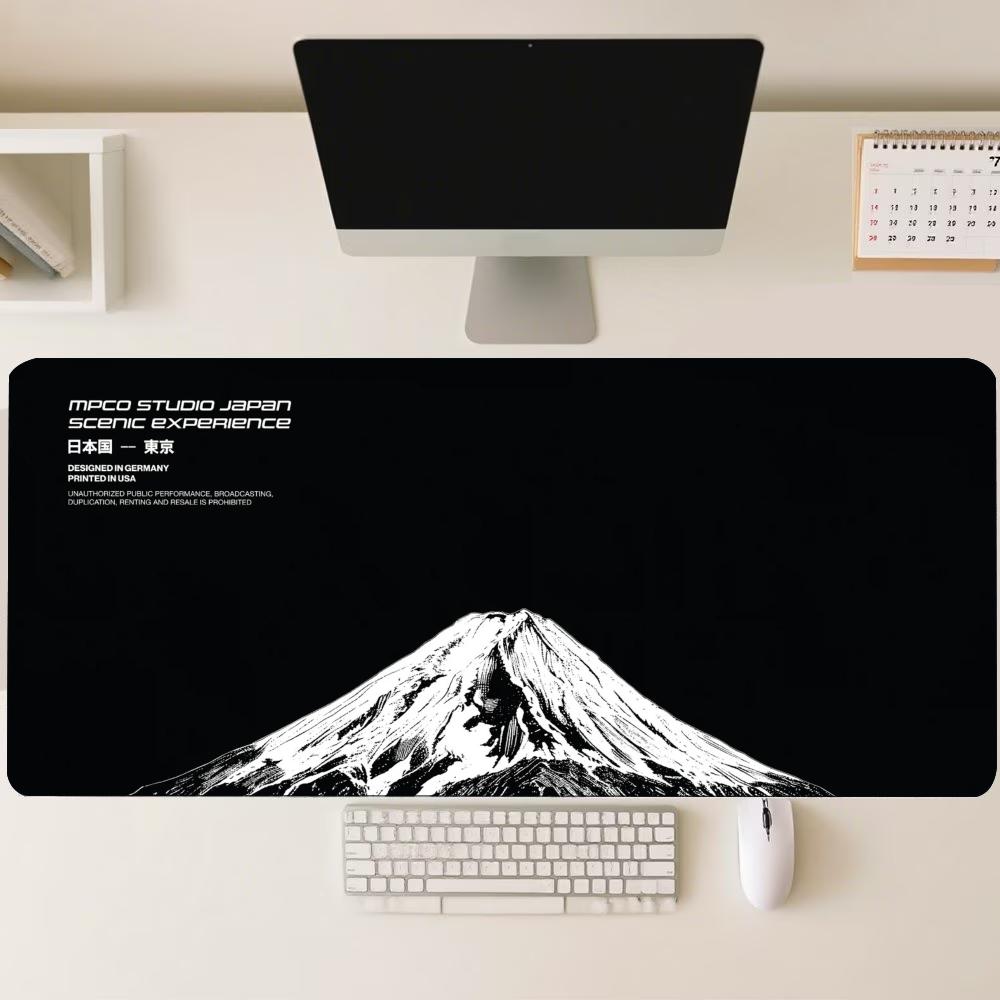 Desk Setup Workspace - แผ่นรองเมาส์ขนาดใหญ่ลายภูเขาไฟฟูจิแบบมินิมอล ขอบเย็บกันลื่น ผลิตจากยาง สำหรับการตั้งค่าการเล่นเกมและพื้นที่ทำงานในสำนักงาน