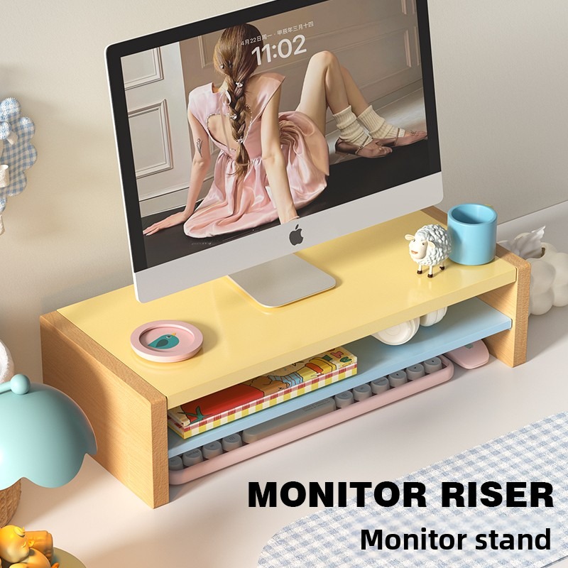 Desk Setup Workspace - แท่นวางจอคอมพิวเตอร์ไม้พร้อมชั้นวางของ ช่วยจัดระเบียบโต๊ะทำงานตามหลักสรีรศาสตร์ เหมาะสำหรับใช้ในบ้าน สำนักงาน หรือสถานที่เรียนของนักเรียน