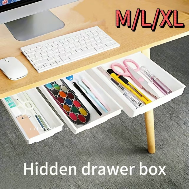 Desk Setup White - กล่องเก็บของแบบมีกาวในตัว สีขาว 1 ชิ้น ถาดใส่เครื่องสำอาง/ดินสอ ซ่อนใต้โต๊ะ