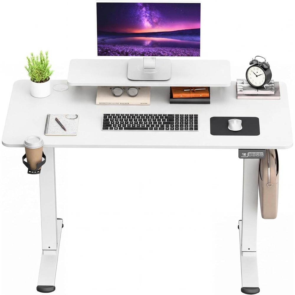 Desk Setup White - โต๊ะทำงานแบบยืน-นั่งปรับระดับความสูงได้ ขนาด 47 นิ้ว สีขาว พร้อมขาตั้งจอภาพ
