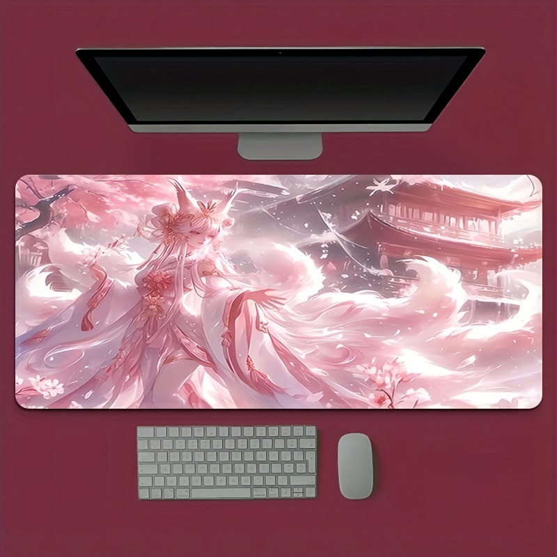 Desk Setup Aesthetic - แผ่นรองเมาส์ลายอนิเมะสาวจิ้งจอก, แผ่นรองเมาส์เกมมิ่งยางกันลื่นแบบขยายพร้อมดีไซน์สีชมพูอีเธอเรียลเพื่อการตกแต่งโต๊ะที่สวยงาม