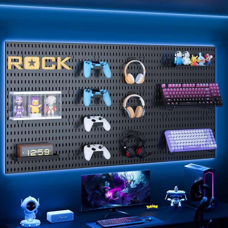 Desk Setup Kit - Pegboard อุปกรณ์สําหรับเล่นเกม: ติดผนัง, ไม่ต้องเจาะ, ห้องอ่านหนังสือ/เล่นเกม –