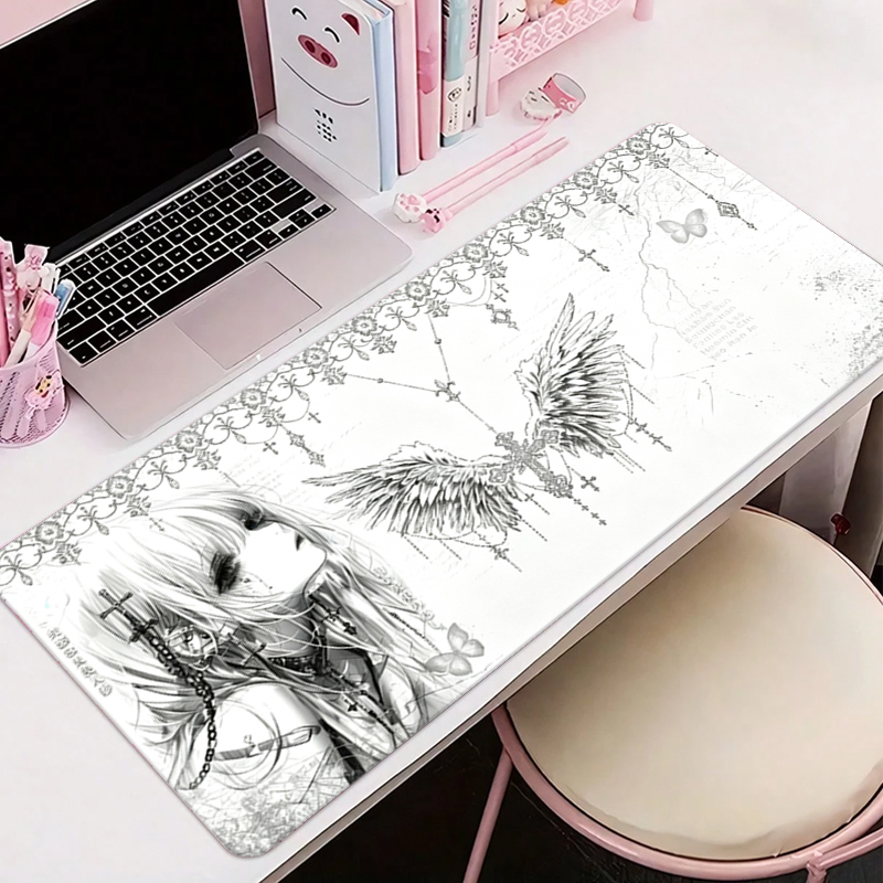Desk Setup Aesthetic - แผ่นรองเมาส์หนังสีดำสีขาวอะนิเมะความงามของสาวนางฟ้าแผ่นรองเมาส์อุปกรณ์สำนักงานคีย์บอร์ดเกมพีซีอีสปอร์ต HD แผ่นรองโต๊ะ